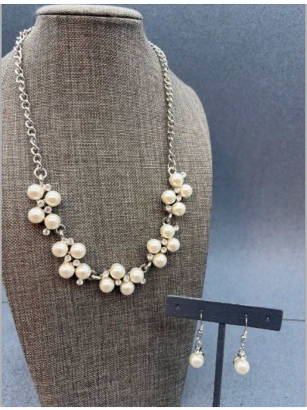 Necklace Earrings Set 18 In Pearl Rhinestone Silver Chain Elegant Bridal Formal